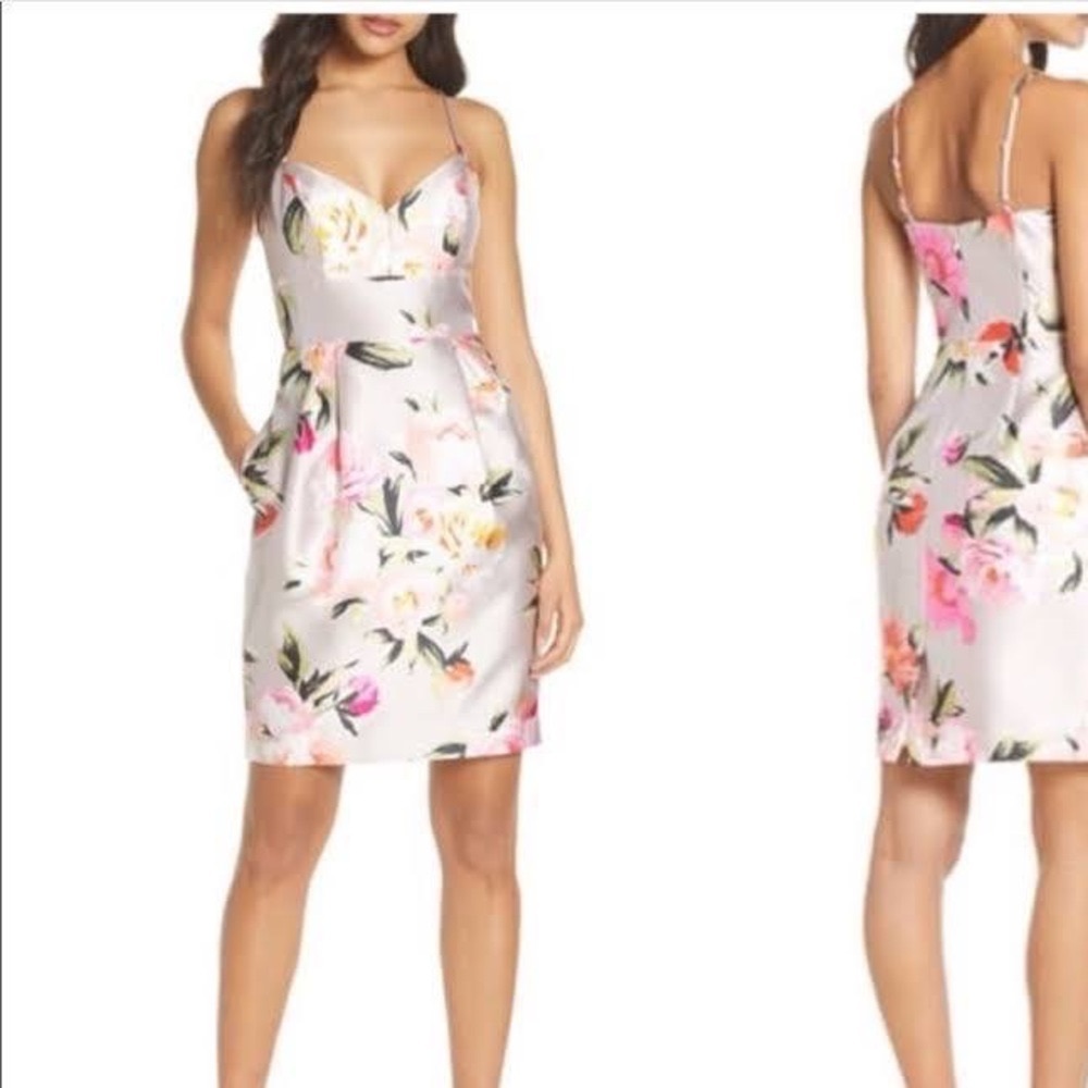 NWT ELIZA J Floral Print Mikado Cocktail Dress Pink Silver with Pockets! 💓🎀💐